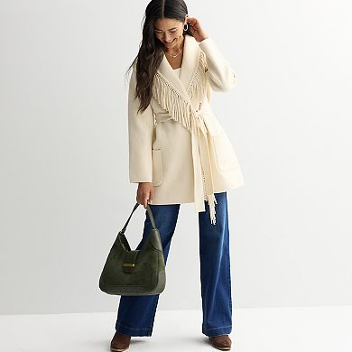 Women's Chelsea & Theodore Fringed Shawl Collar Coat with Pockets & Belt Tie Front