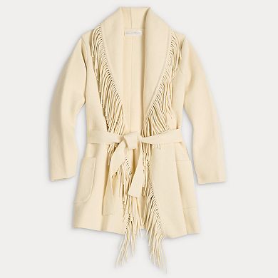 Women's Chelsea & Theodore Fringed Shawl Collar Coat with Pockets & Belt Tie Front