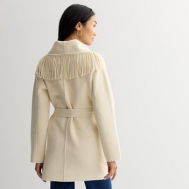 Women's Chelsea & Theodore Fringed Shawl Collar Coat with Pockets & Belt Tie Front