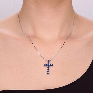 Gemminded Sterling Silver Lab-Created Sapphire Cross Pendant Necklace
