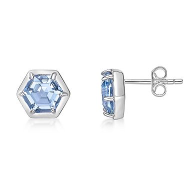 Gemminded Sterling Silver Blue Topaz Hexagon Stud Earrings