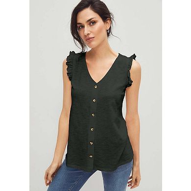 Ellos Plus Size Button-Front Ruffle Sleeve Tank