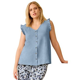 Ellos Plus Size Button-Front Ruffle Sleeve Tank