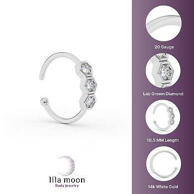 Lila Moon 14k Gold Lab-Grown Diamond Accent 3-Stone Hexagon Hoop Nose Ring