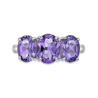 Gemminded Sterling Silver Amethyst 3-Stone Oval Ring