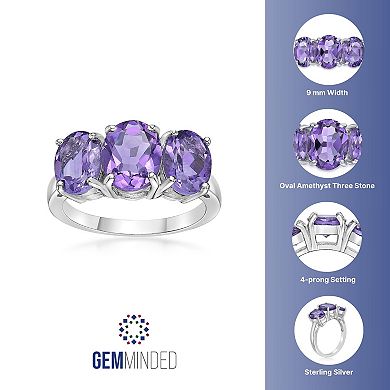 Gemminded Sterling Silver Amethyst 3-Stone Oval Ring