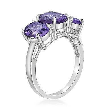 Gemminded Sterling Silver Amethyst 3-Stone Oval Ring