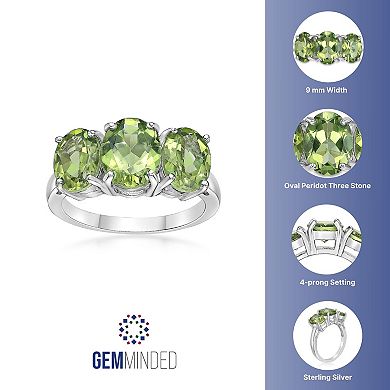 Gemminded Sterling Silver Peridot 3-Stone Oval Ring