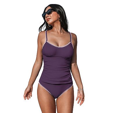 Women's Cupshe 2-pc. Scoop Neck Shell Stitch Ruched Tankini Swim Top & Swim Bottoms Set