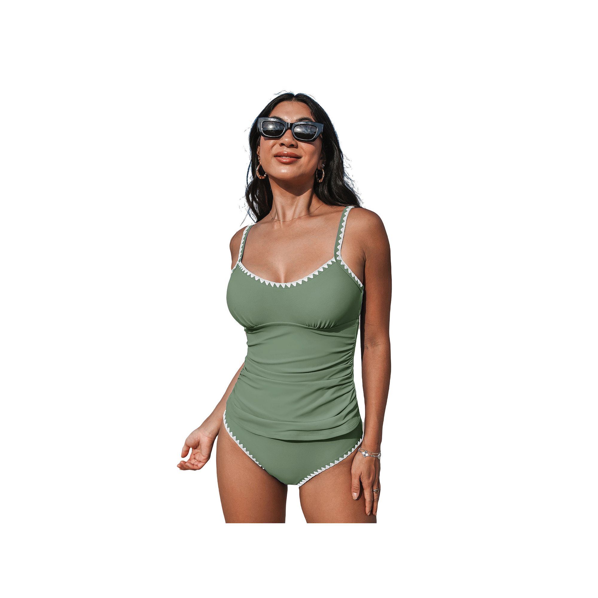 Womens Cupshe 2-pc. Scoop Neck Shell Stitch Ruched Tankini Swim Top & Swim