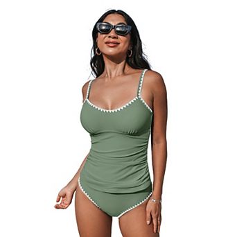 Women's Cupshe 2 pc Scoop Neck Shell Stitch Ruched Tankini Swim Top & Swim Bottoms Set