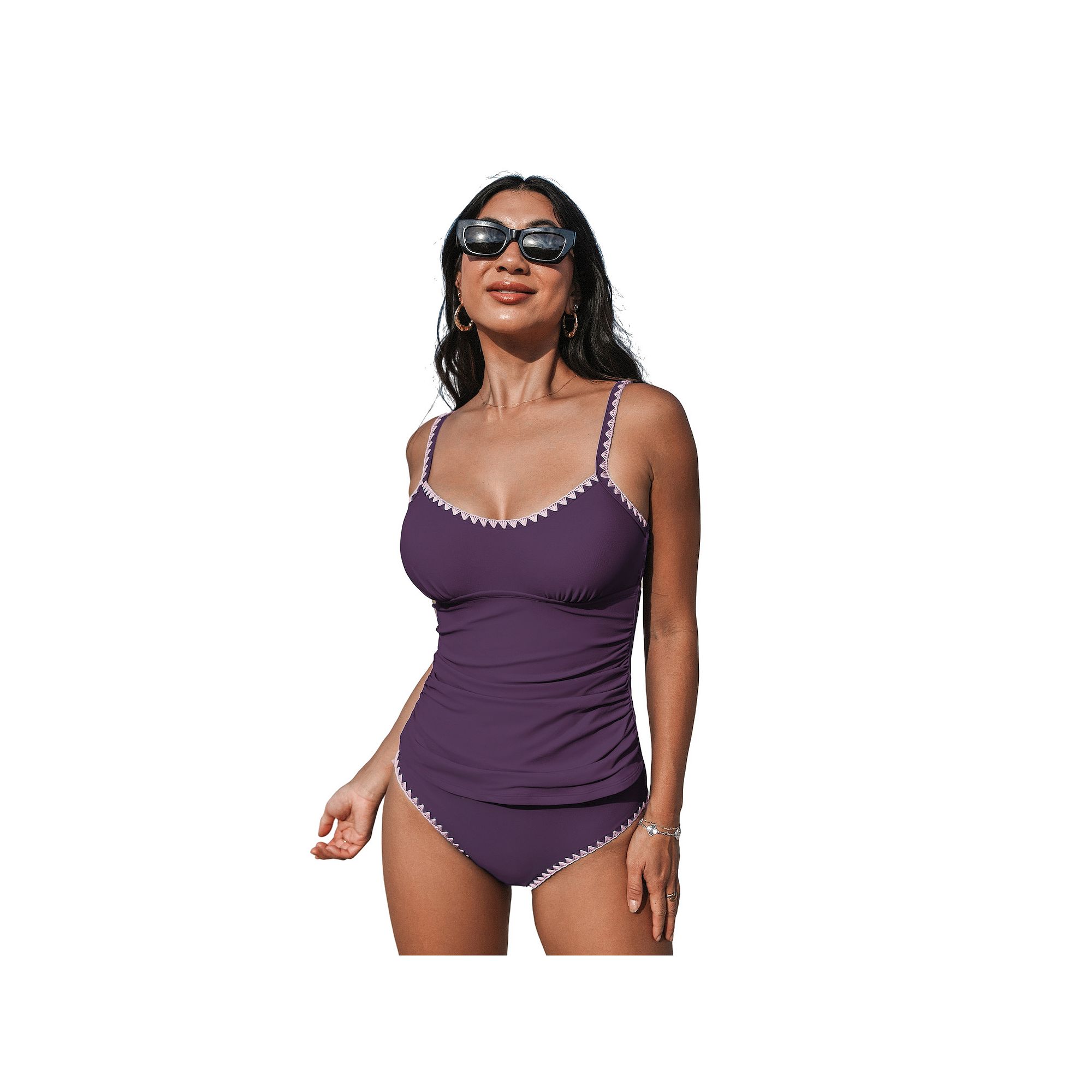 Womens Cupshe 2-pc. Scoop Neck Shell Stitch Ruched Tankini Swim Top & Swim
