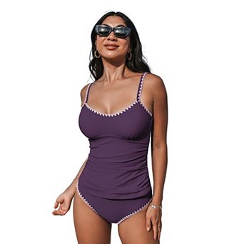 Women's Cupshe 2 pc Scoop Neck Shell Stitch Ruched Tankini Swim Top & Swim Bottoms Set