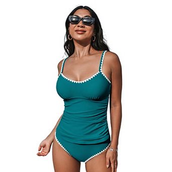 Women's Cupshe 2 pc Scoop Neck Shell Stitch Ruched Tankini Swim Top & Swim Bottoms Set