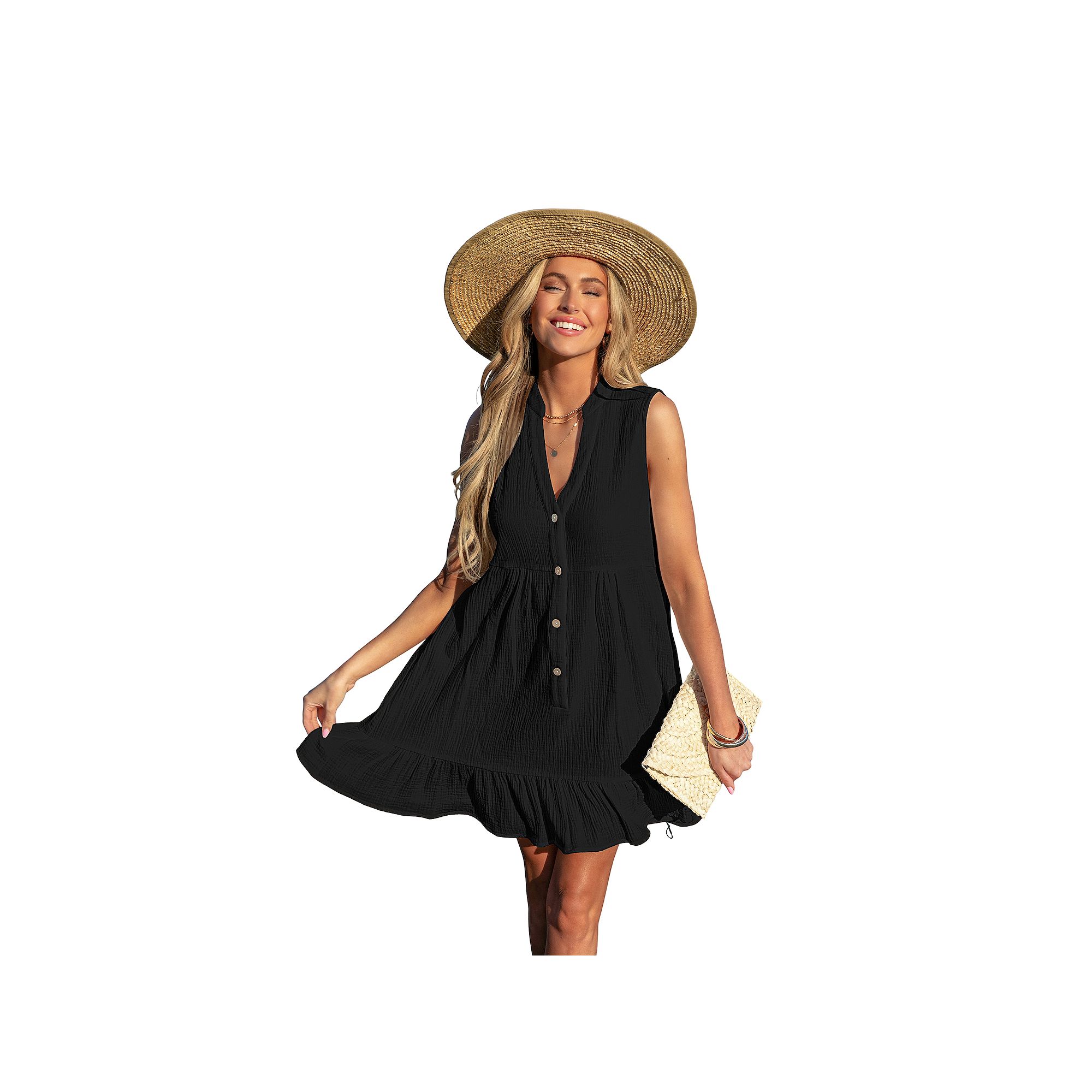 Womens Cupshe Button Front Ruffled Hem Cover-Up Mini Swim Dress, Size: Lar