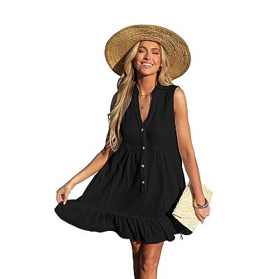 Cupshe Women's Ruffle Hem Front Buttons Mini Cover-Up Dress-S-Black