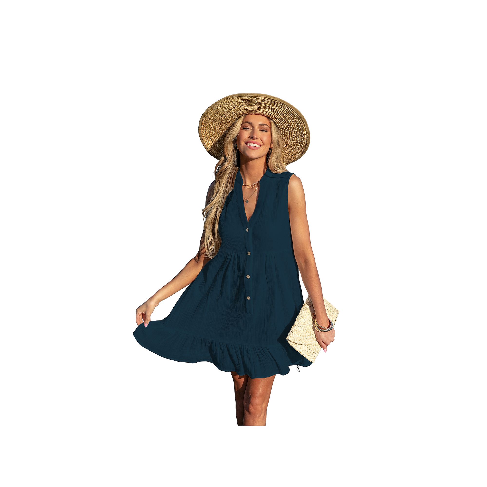 Womens Cupshe Button Front Ruffled Hem Cover-Up Mini Swim Dress, Size: XL,