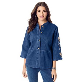Roaman's Women's Plus Size Embroidered Button Front Peplum Denim Jacket