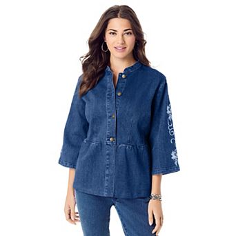 Roaman's Women's Plus Size Embroidered Button Front Peplum Denim Jacket