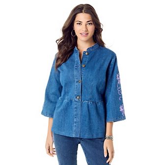 Roaman's Women's Plus Size Embroidered Button Front Peplum Denim Jacket