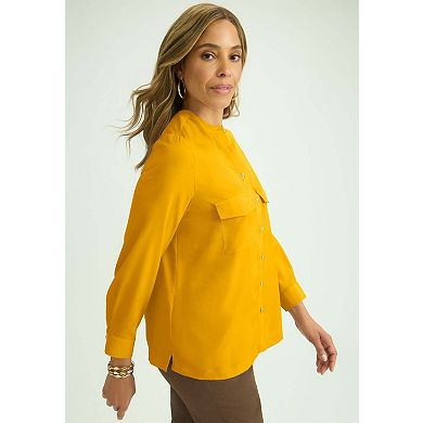 Jessica London Women's Plus Size Button-Front Chest Pocket Blouse