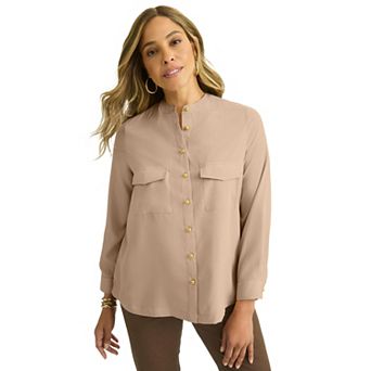 Jessica London Women's Plus Size Button-Front Chest Pocket Blouse