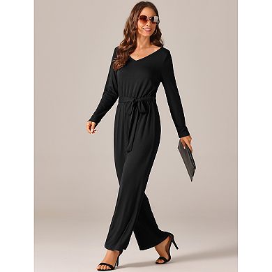 Women's V-Neck Belted Wide-Leg Jumpsuit