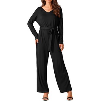Women's Long Sleeve V Neck Jumpsuit Belted Back Zipper Stretchy Wide Leg Long Pant Romper