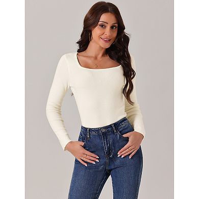 Women's Fall Winter Square Neck Long Sleeve Sweater Bodysuit Blouse Casual Tops