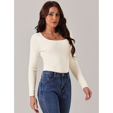 Women's Fall Winter Square Neck Long Sleeve Sweater Bodysuit Blouse Casual Tops