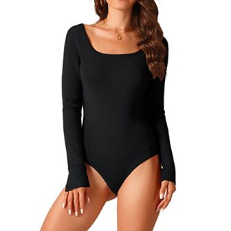 Women's Fall Winter Square Neck Long Sleeve Sweater Bodysuit Blouse Casual Tops