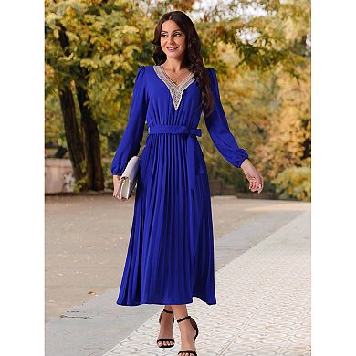 Women's Casual Long Sleeve V Neck Flowy Pleated Midi Dress with Belt