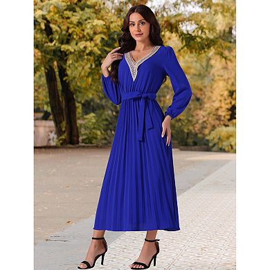 Women's Casual Long Sleeve V Neck Flowy Pleated Midi Dress with Belt