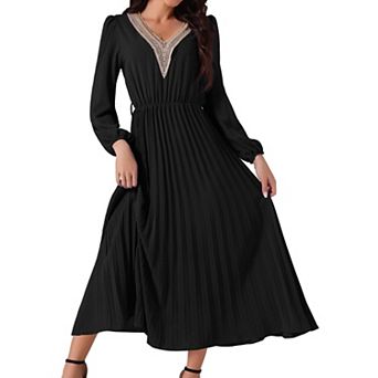 Women's Casual Long Sleeve V Neck Flowy Pleated Midi Dress with Belt
