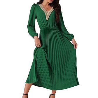 Women's Casual Long Sleeve V Neck Flowy Pleated Midi Dress with Belt