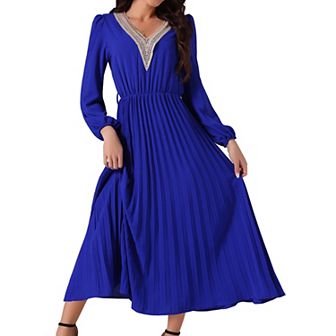 Women's Casual Long Sleeve V Neck Flowy Pleated Midi Dress with Belt