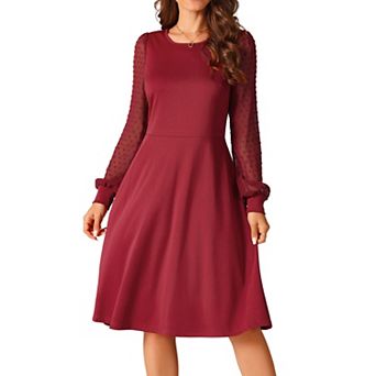 Women's Long Sleeve Dresses Round Neck Elegant Cocktail Party Work Knee Length Dress