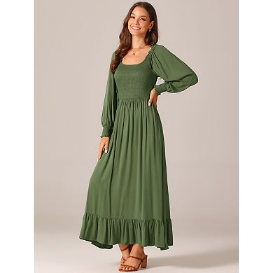 Women's Casual Long Sleeve Dress Scoop Neck Smocked Tiered Flowy Fall Long Dresses with Pockets