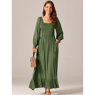 Women's Casual Long Sleeve Dress Scoop Neck Smocked Tiered Flowy Fall Long Dresses with Pockets