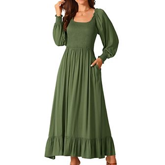 Women's Casual Long Sleeve Dress Scoop Neck Smocked Tiered Flowy Fall Long Dresses with Pockets