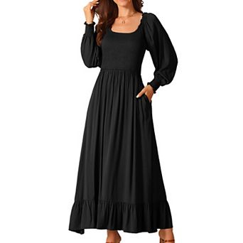 Women's Casual Long Sleeve Dress Scoop Neck Smocked Tiered Flowy Fall Long Dresses with Pockets