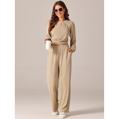 Women's Two Piece Outfits Sweatsuit Set Front Cropped Sweatshirt Wide Leg Sweatpant Lounge Sets