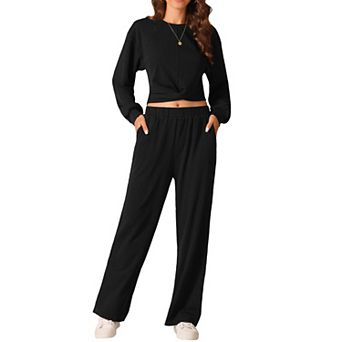 Women's Two Piece Outfits Sweatsuit Set Front Cropped Sweatshirt Wide Leg Sweatpant Lounge Sets