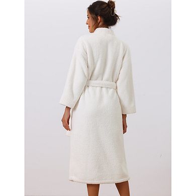 Women's Fluffy Fleece Robe Long Sleeve Thick Plush Self Tie Long Bathrobe for After Shower
