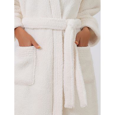 Women's Fluffy Fleece Robe Long Sleeve Thick Plush Self Tie Long Bathrobe for After Shower