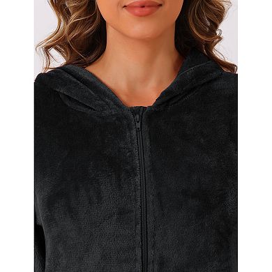 Women's Flannel Robe Fluffy Plush Long Zip Front Bathrobe with Pockets Warm Soft Zippered Bathrobes