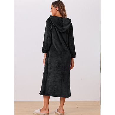 Women's Flannel Robe Fluffy Plush Long Zip Front Bathrobe with Pockets Warm Soft Zippered Bathrobes