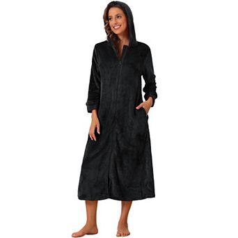 Women's Flannel Robe Fluffy Plush Long Zip Front Bathrobe with Pockets Warm Soft Zippered Bathrobes