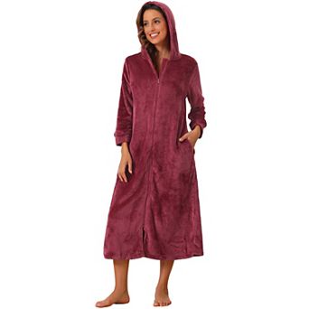 Women's Flannel Robe Fluffy Plush Long Zip Front Bathrobe with Pockets Warm Soft Zippered Bathrobes