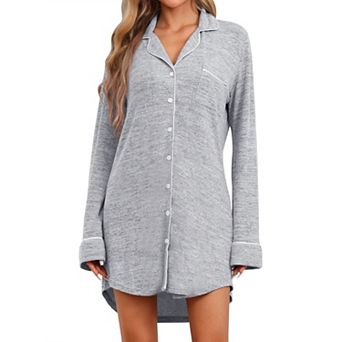 Womens Knit Nightgown Button Up Short Sleepwear V Neck Lapel Long Sleeves Nightshirt